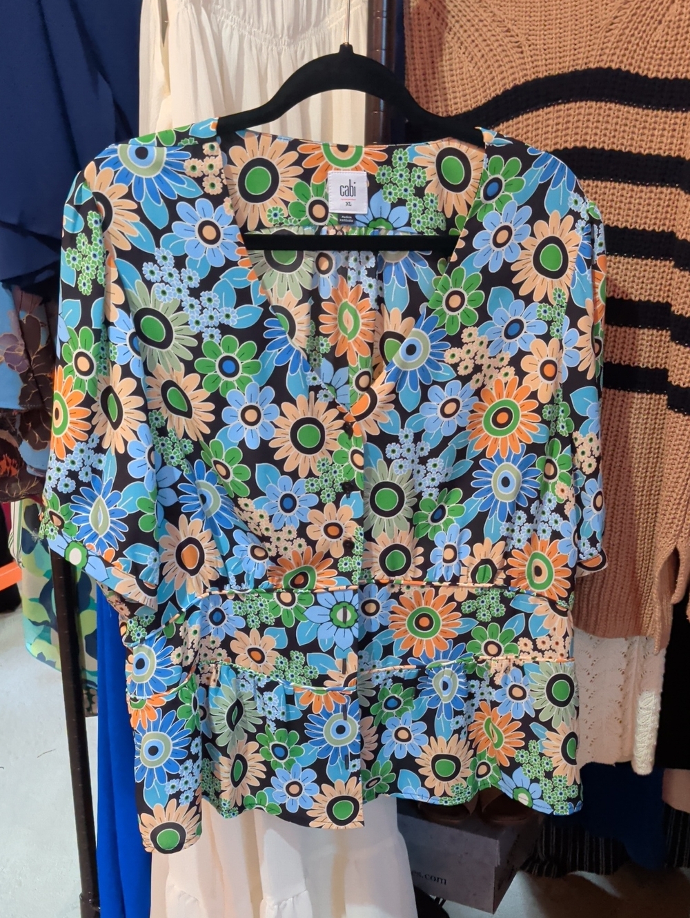 CAbi Floral V-Neck Short Sleeve Blouse in Blue, Green, Orange, Cream